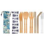 UPTRUST 2 Set Bamboo Cutlery Set Bamboo Travel Utensils reusable bamboo utensils with case, 7.8 Inches Bamboo Knife, Fork, Spoon, 3 colors Metal Straw. Portable Travel Set. (Golden Straw)