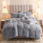 Uhamho Faux Fur Velvet Fluffy Bedding Duvet Cover Set Down Comforter Quilt Cover with Pillow Shams, Ultra Soft Warm and Durable (King, Light Gray)
