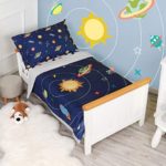 TILLYOU 5 Pieces Space Theme Toddler Bedding Set (Embroidered Quilt, Fitted Sheet, Flat Sheet, Pillowcases) – Microfiber Printed Nursery Bedding for Boys Girls, Navy Blue