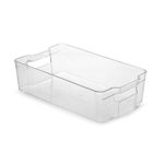 Set Of 4 Refrigerator Organizer Bins – Stackable Fridge Organizers for Freezer, Kitchen, Countertops, Cabinets – Clear Plastic Pantry Storage Rack – Food Storage Bins with Handle 14.5″ Long