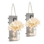 Rustic Wall Sconces – Mason Jars Sconce, Rustic Home Decor,Wrought Iron Hooks, Silk Hydrangea and LED Strip Lights Design 6 Hour Timer Home Decoration (Set of 2)