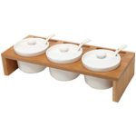 (3 Pcs) 3.5-Inch Ceramic Condiment Dip Sauce Ramekins Set w/ Lids & Spoons on Bamboo Sampler Serving Tray