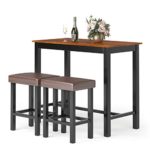 Giantex 3-Piece Pub Dining Table Set Wood Kitchen Table with 2 Upholstered Stools, Rectangular Breakfast Table Set, Counter Height Kitchen Table (Brown)