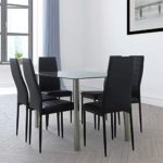 7 Pieces Kitchen Dining Table Set, 55” Tempered Glass Dining Table with 6 pcs Top Leather Padded Dining Chairs (Black)
