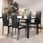 ALI VIRGO 5-Piece Kitchen Dining Table Set for Dining Room, 4 Faux Leather Metal Frame Chairs, Dinette, Compact Space w/Glass Tabletop