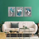KuyiArt Flower Canvas Wall Art for Home Office Bathroom Decoration Modern Floral Artwork White Flower Blue Leaves Paintings Picture Canvas Art Prints for Bedroom Kitchen Decor 3 Panels