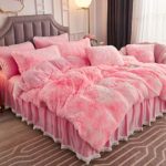 JAUXIO Luxury Abstract Faux Fur Bedding Set Tie Dye Printed Shaggy Duvet Cover with Pillow Shams Soft Crystal Velvet Reverse (Pink, Queen)
