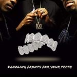 JINAO 18K Gold Plated Iced Out CZ Grillz Fang Top Bottom Mouth Teeth Grills Set for Men Women(Silver TOP)