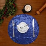 Sequin Placemats Set of 6, Heat-Resistant Dining Table Mats, Stain-Resistant Kitchen Table Placemats, Elegant Sparkle Placemat for Party Wedding Accent Centerpiece Decoration(Navy Blue, 15″ Round)