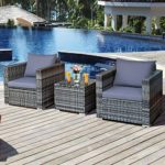 Tangkula 3 Pieces Patio Furniture Set, PE Rattan Wicker Sofa Set w/Washable Cushion and Tempered Glass Tabletop, Outdoor Conversation Furniture for Garden Poolside Balcony (Mix Grey)