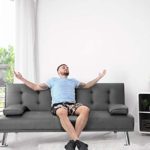 Pawnova Futon Sofa Bed, Modern Faux Leather Convertible Folding Lounge Couch for Living Room with 2 Cup Holders Removable Soft Armrest and Sturdy Metal Legs, Gray