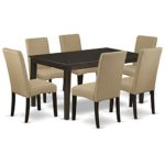 East West Furniture Dining Set 7 Pc – Brown Linen Fabric Parsons Chairs – Cappuccino Finish 4 legs Hardwood Rectangular Small Dining Table and Structure