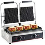 DESENNIE 110V Commercial Panini Grill, Full Grooved Plates, 3600W Electric Contact Grill with Dual Plug, 19×9-inch Non-Stick Sandwich Panini Press Grill 122°F-572°F Temp Control, for Bacon Steaks