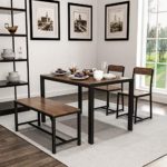 FUILIAY 4 Piece Wooden Dining Set for Kitchen, Home Dining Room, Rectangular Table with Bench and 2 Chairs, Steel Frame – Brown