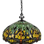 Tiffany Style Hanging Pendant Lamp Ceiling 18″ Wide Stained Glass Shade Green Orange Dragonfly Antique Vintage 2 Light Decor Game Living Dining Room Kitchen Gift AM1027HL18B Amora Lighting