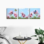 Flower Canvas Wall Art Pink Daisy with Butterfly Picture 3 Panels Modern Giclee Prints Artwork Stretched and Framed Natural Art Canvas Ready to Hang