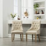 Roundhill Furniture Button Tufted Solid Wood Wingback Hostess Chairs with Nail Heads, Set of 2, Tan