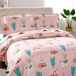 Kids Alpaca Cactus Quilt Set Twin Size Soft Lightweight Pink Animal Cartoon Bedspread Coverlet Children Llama Plant Bedding Bed Cover Set,1 Quilt 2 Pillow Shams