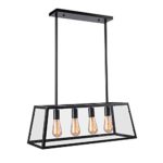 Kitchen Island Pendant Lighting with 4 Lamp Sockets, Pynsseu Matte Black Shade with Clear Glass Panels, Industrial Hanging Pendant Light Fixture for Kitchen Island Breakfast Bar Dining Room