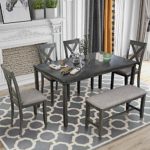 LZ LEISURE ZONE 6 Piece Wooden Dining Table Set with Bench and 4 Dining Chairs, Kitchen Table Set Family Furniture for 6 People (Grey)