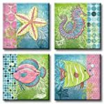 Ocean Animal Bathroom Decor Wall Art Cute Fish Seahorse Canvas Prints Posters Beach Marine Theme Boho Colorful Watercolor Sea Life Starfish Modern Artwork Pictures Framed Stretched 12″X12″X4 Panels