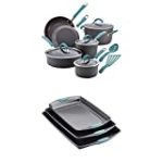 Rachael Ray Cucina Hard-Anodized Aluminum Nonstick Pots and Pans Cookware Set, 12-Piece, Gray, Agave with Rachael Ray Nonstick Bakeware Cookie Pan Set, 3-Piece, Gray with Agave Blue Silicone Grips