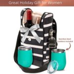 Wine Tote Bag with Stainless Steel Stemless Wine Glasses – 2 Bottle Wine Carrier Purse – Perfect For Travel, Events, Beach, Pool, Picnic & More – Great Gift for Women and Wine Lovers – Striped