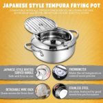Deep Fryer Pot – Stainless Steel Japanese Tempura Fryer – Oil Drip Drainer Rack with Thermometer – Small Cooking Pot with Rack and Lid For Kitchen (3400 ML 9.4″ Diameter)