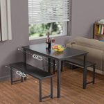 MIERES Table Set 2 Benches Small Kitchen Dining Room Furniture Modern Style Wood Top with Metal Frame, Black