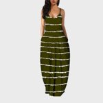 Dosoop Women Stripe Print Long Maxi Dress with Pocket,Summer Sexy Sleeveless V Neck Spaghetti Strap Boho Beach Sundress