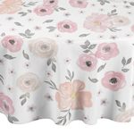 A LuxeHome Blush Pink Grey White Shabby Chic Watercolor Rose Flower Floral Small Overlay Decorative Cover Table top Tablecloth for Dining Room and Kitchen Round 60″