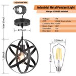Industrial Metal Pendant Light, 11.8” Farmhouse Hanging Light Fixtures, Adjustable Chandelier Ceiling Lamp, Spherical Pendant Lighting for Kitchen Island Dining Room, LED Bulb Included, Matte Black