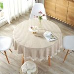 Lahome Stripe Tassel Tablecloth – Cotton Linen Table Cover Kitchen Dining Room Restaurant Party Decoration (Round – 60″, Beige)