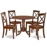 East West Furniture DLBO5-MAH-W 5-piece dining table set 4 Fantastic chairs for dining room – A Lovely kitchen table- Wooden Seat and Mahogany Two 9-inch Drop leaves the round wooden table