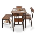 Dporticus 6 Piece Industrial Dining Set for Kitchen Dining Room w/Storage Rack,Wooden Dining Table,4 Ergonomic Chair & 1 Bench,Stainless Steel Frame,Brown