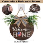 OurWarm Interchangeable Seasonal Welcome Door Sign Front Door Decor, Rustic Wood Round Wreath with Buffalo Plaid Bow Wall Hanging Outdoor Porch Holiday Decor for Housewarming Gifts,Christmas, Easter