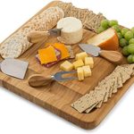 Bamboo Cheese Board Set With Cutlery In Slide-Out Drawer Including 4 Stainless Steel Serving Utensils – Perfect Charcuterie Board and Serving Tray for Entertaining or Gift Giving