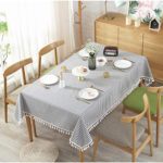 Sandweek Stripe Tassel Tablecloth Cotton Linen Dust-Proof Table Cover for Kitchen Dinning Tabletop Decoration (Rectangle/Oblong, 55 x 70 Inch, Blue)