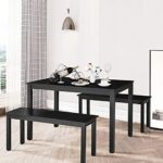 Giantex Dining Table with Bench, Wooden 3 Pcs Kitchen Dining Room Furniture for 4, Modern Studio Collection Table Set with 2 Benches, Dinette Set, Kitchen Small Bench Table Set (Black)