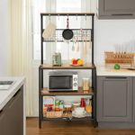 VASAGLE ALINRU Kitchen Bakers Rack Cupboard with 10 Hooks, Mesh Panel, 3 Shelves, and Adjustable Feet, for Microwave Oven Cooking Utensils, Industrial, Rustic Brown UKKS17BX