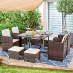 Vongrasig 9 Piece Small Patio Dining Set, Outdoor Space Saving PE Wicker Dining Furniture Set, Glass Patio Dining Table with Cushioned Wicker Chairs and Ottoman Sets for Lawn, Garden, Backyard (Beige)