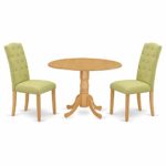 East West Furniture Kitchen Set 3 Pc – Lime Green Linen Fabric Button-tufted Kitchen Parson Chairs – Oak Finish Hardwood drop leaves Pedestal Dining Table and Structure