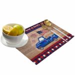 Independence Day Placemats Set of 6, Cotton Linen Table Mats Non-Slip Washable Patriotic Red Stars Plaid Blue Truck Wooden Sweet Land Of Liberty Placemat for Holiday Party Kitchen Dining Table Decor