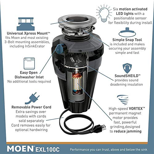 Moen Space Saving Continuous Feed and Lighted Garbage Disposal, Power