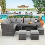 U-MAX 7 Pieces Outdoor Furniture Set, Wicker Rattan Patio Sectional Sofa Sets, Wicker Sectional Patio Set, Patio Dining Furniture with Table&Chair, Grey Rattan & Grey Cushion