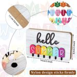 Karenhi Interchangeable Seasonal Hello Sign Wood Table Decor with Changeable Wood Patches Rustic Hello Spring Summer Fall Winter Wooden Block Sign for Home Indoor Outdoor Decor