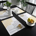 Elegant Dahlia Flowers Yellow Grey Placemats Set of 6, Cotton Linen Heat Resistant Table Mats Non-Slip Washable Placemat for Holiday Banquet Dining Kitchen Table Decor