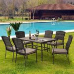 Pamapic 7 Piece Patio Dining Set, Outdoor Dining Table Set, Patio Wicker Furniture Set for Backyard Garden Deck Poolside/Iron Slats Table Top, Removable Cushions(Beige)