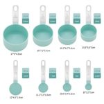 Measuring spoons and Measuring Cups Kitchen gadgets set Measuring spoon with stainless steel handle 8-piece set of necessary measuring tools for baking Stackable Wet and dry (Light blue)