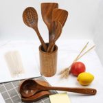 Wooden Utensils for Cooking Set with Holder, Natural Nonstick Teak Wood Spoons Spatula and Spoon Rest, Cookware for Kitchen, Handmade Utensil Pieces, Durable Tools, Healthy and Eco-friendly, Set of 12